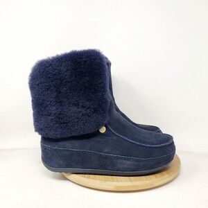 FitFlop SuperCuff Mukluk Boots Womens 7 Blue Suede Ankle Pull On Shoes